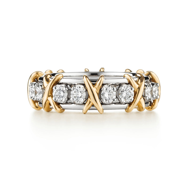 Alternating Round Moissanite And Golden Xs Eternity Wedding Band Ring,RRL-LR03933WYMOS