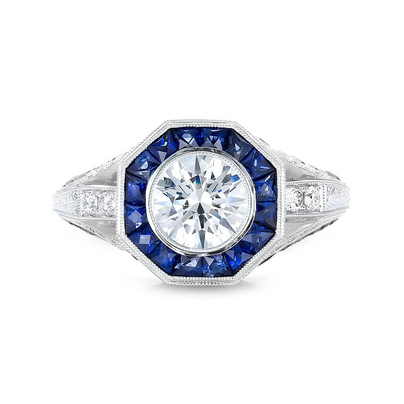 Art Deco Sapphire Halo And Moissanitea Pave Milgrain Engagement Ring,RRL-FA1C776-1,RRL-FA1C776-2,RRL-FA1C776-3