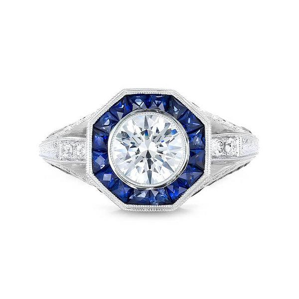 Art Deco Sapphire Halo And Moissanitea Pave Milgrain Engagement Ring,RRL-FA1C776-1,RRL-FA1C776-2,RRL-FA1C776-3