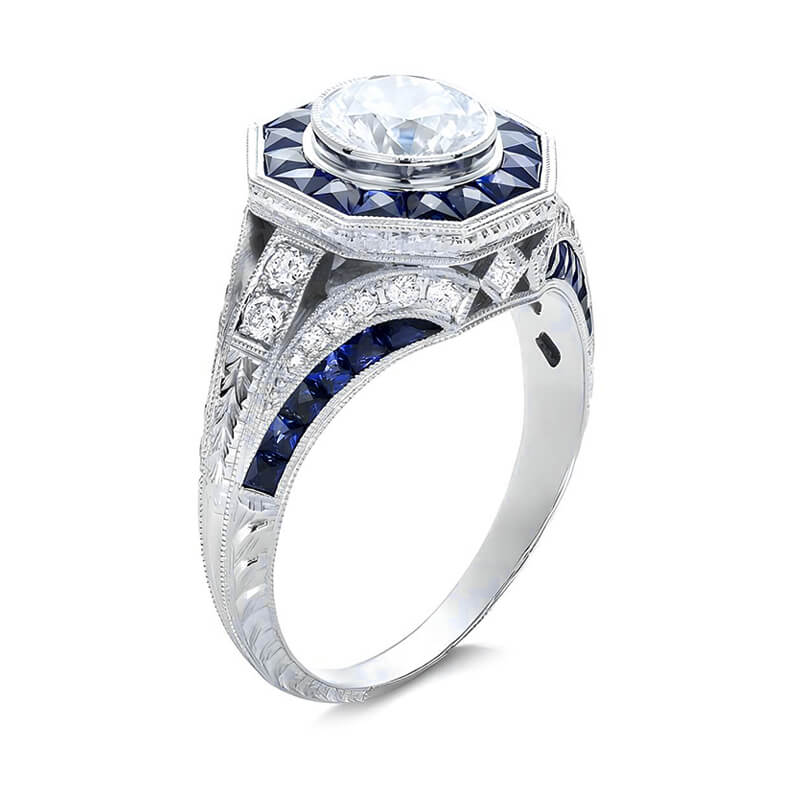 Art Deco Sapphire Halo And Moissanitea Pave Milgrain Engagement Ring,RRL-FA1C776-1,RRL-FA1C776-2,RRL-FA1C776-3