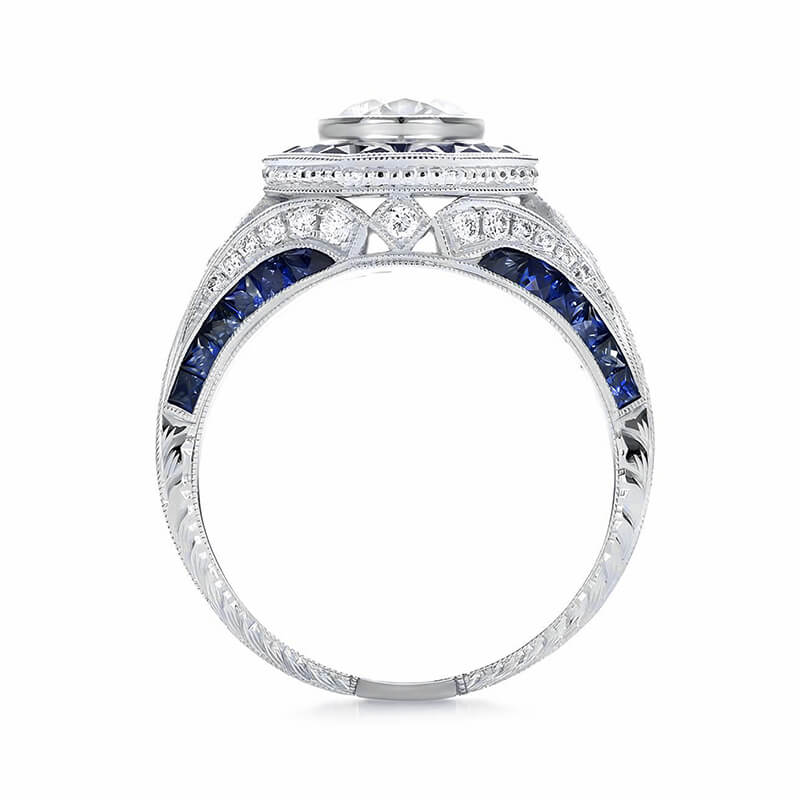 Art Deco Sapphire Halo And Moissanitea Pave Milgrain Engagement Ring,RRL-FA1C776-1,RRL-FA1C776-2,RRL-FA1C776-3