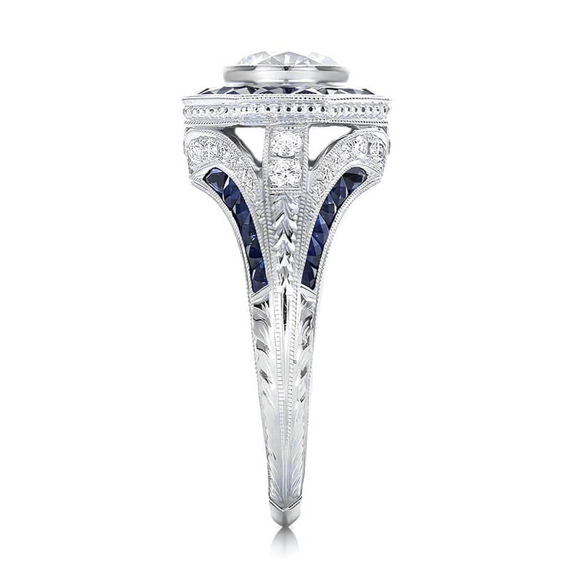 Art Deco Sapphire Halo And Moissanitea Pave Milgrain Engagement Ring,RRL-FA1C776-1,RRL-FA1C776-2,RRL-FA1C776-3