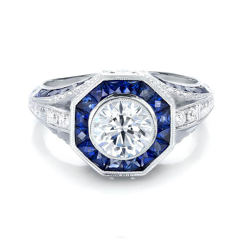 Art Deco Sapphire Halo And Moissanitea Pave Milgrain Engagement Ring,RRL-FA1C776-1,RRL-FA1C776-2,RRL-FA1C776-3