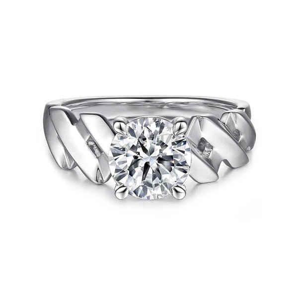 Cathedral Solitaire Round Moissanite X-Cross Twisted Engagement Ring