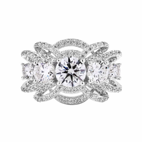 Five Stone Round Moissanite Multi-Row Crossover Pave Engagement Ring