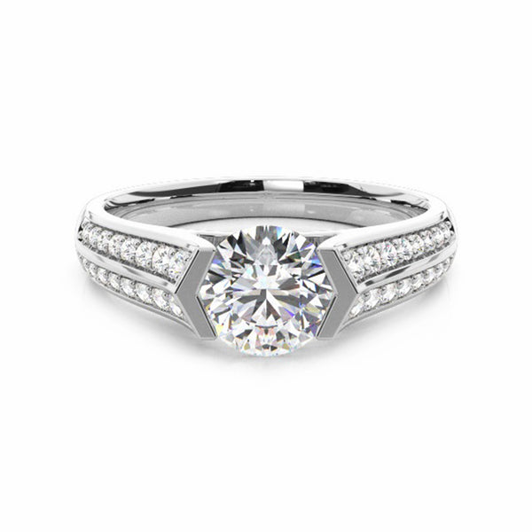 Half Bezel Round Moissanite Knife Edge Pave Engagement Ring