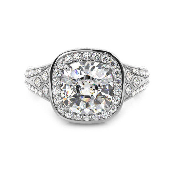 Halo Cushion Cut Moissanite Side Stone Pave Engagement Ring