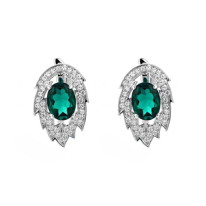 Halo Oval Emerald Leaf Hoop Earrings In Sterling Silver - ReadYourHeart