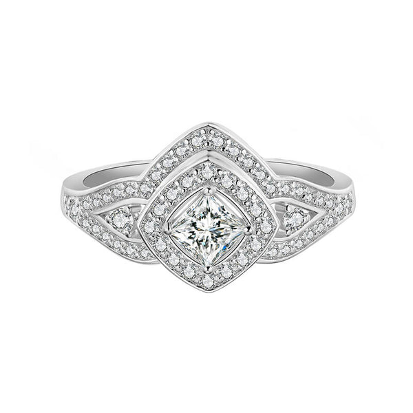 Halo Princess Moissanite Split Shank Pave Engagement Ring