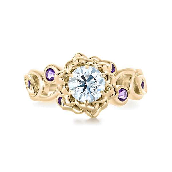 Organic Flower Petals Round Moissanite And Amethyst Engagement Ring