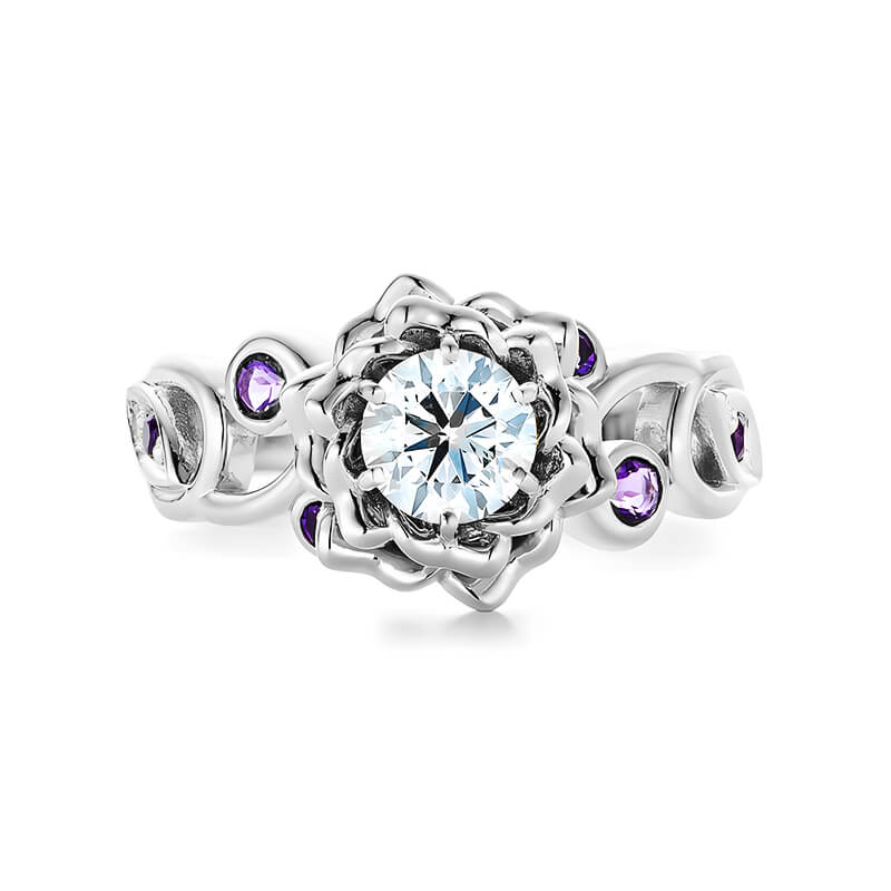 Organic Flower Petals Round Moissanite And Amethyst Engagement Ring,RRL-FA1C786-1S,RRL-FA1C786-2S,RRL-FA1C786-3S,RRL-FA1C786-1Y,RRL-FA1C786-2Y,RRL-FA1C786-3Y