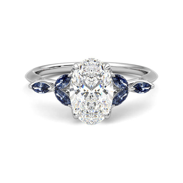 Oval Cut Moissanite With Marquise Sapphire Petals Accents Engagement Ring