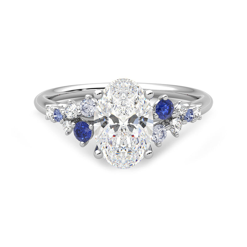 Oval Moissanite And Graduated Blue Sapphire Clusters Engagement Ring ...