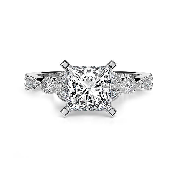 Princess Cut Moissanite With Leaf Shape Milgrain Pave Engagement Ring,RRL-FA1C775-1,RRL-FA1C775-2,RRL-FA1C775-3