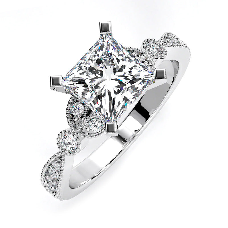 Princess Cut Moissanite With Leaf Shape Milgrain Pave Engagement Ring,RRL-FA1C775-1,RRL-FA1C775-2,RRL-FA1C775-3