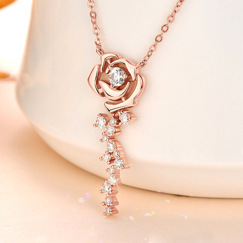 Rose Flower Moissanite Cluster Accents Sterling Silver Necklace - ReadYourHeart