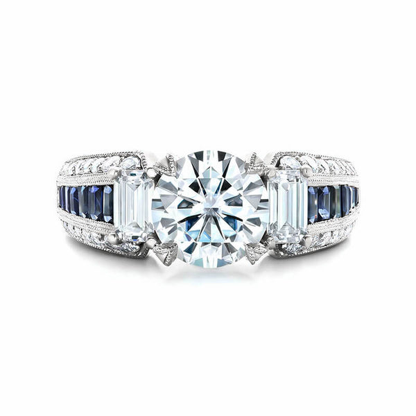 Round Moissanite And Emerald-Cut Sapphire Channel Set Milgrain Engagement Ring,RRL-FA1C779-1,RRL-FA1C779-2,RRL-FA1C779-3