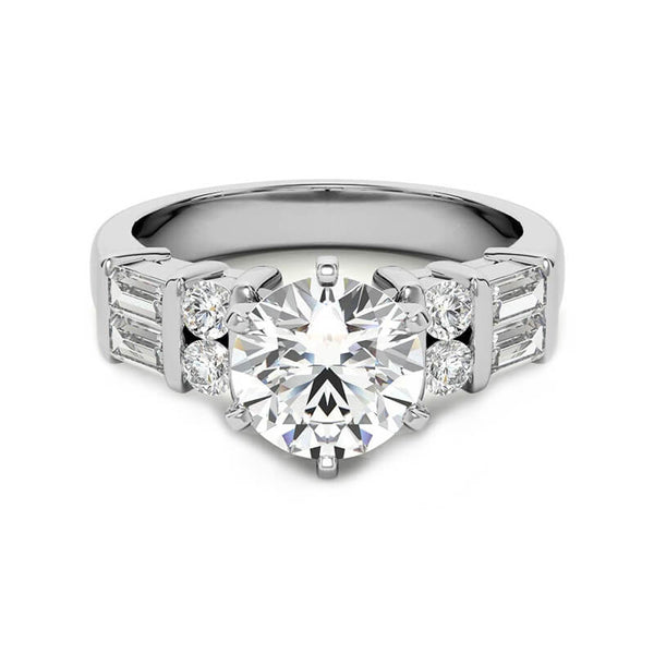 Round Moissanite Baguette Side Stone Wide Band Engagement Ring