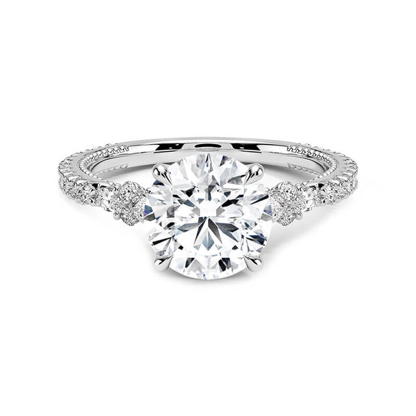 Round Moissanite Floral Clusters Milgrain Engagement Ring