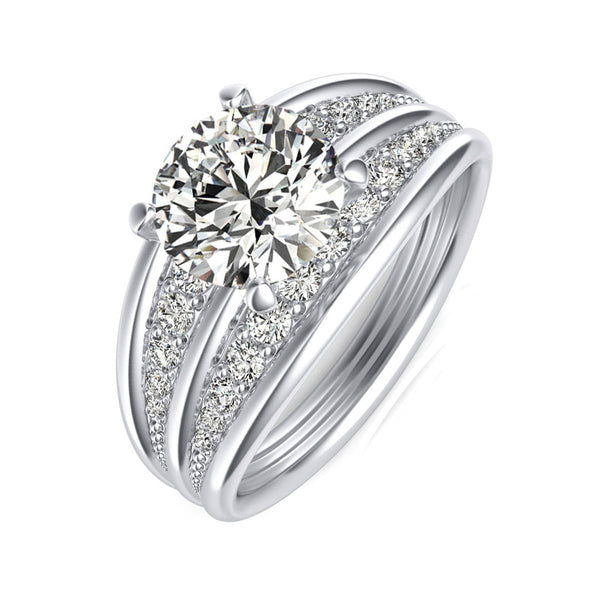 Round Moissanite Graduated Double Row Pave Engagement Ring