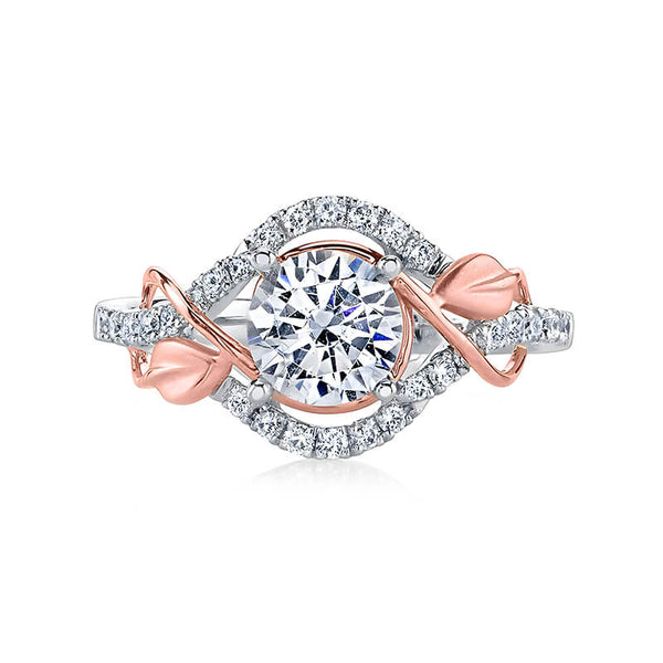 Round Moissanite Intertwined Rose Gold Leaves Pave Engagement Ring