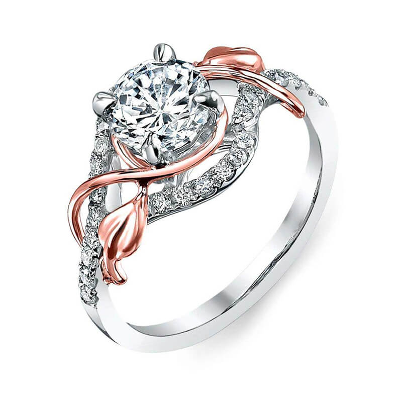 Round Moissanite Intertwined Rose Gold Leaves Pave Engagement Ring,RRL-FA1C788-1,RRL-FA1C788-2,RRL-FA1C788-3