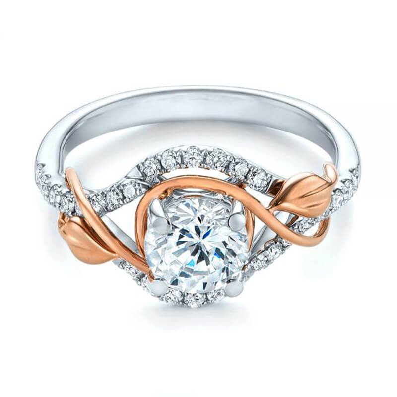 Round Moissanite Intertwined Rose Gold Leaves Pave Engagement Ring,RRL-FA1C788-1,RRL-FA1C788-2,RRL-FA1C788-3