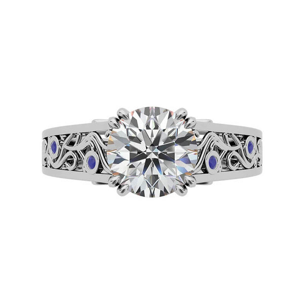 Round Moissanite Sapphire Floral Scroll Accents Engagement Ring