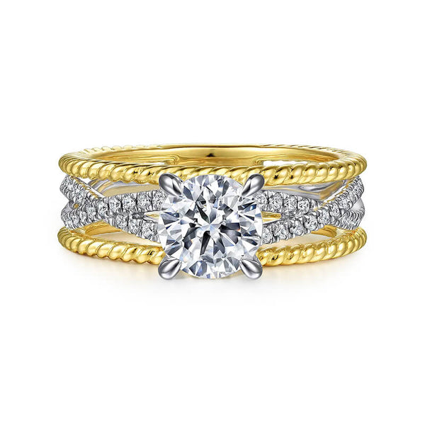 Round Moissanite Twisted Pave Ropes Edges Two Tone Engagement Ring