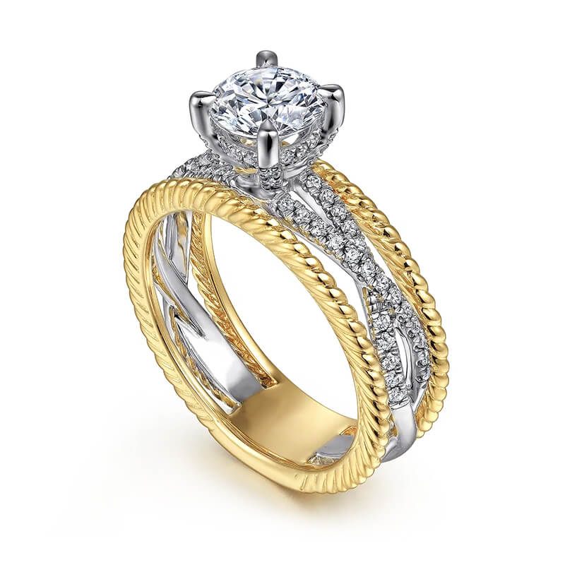 Round Moissanite Twisted Pave Ropes Edges Two Tone Engagement Ring,RRL-FA1C799-1,RRL-FA1C799-2,RRL-FA1C799-3