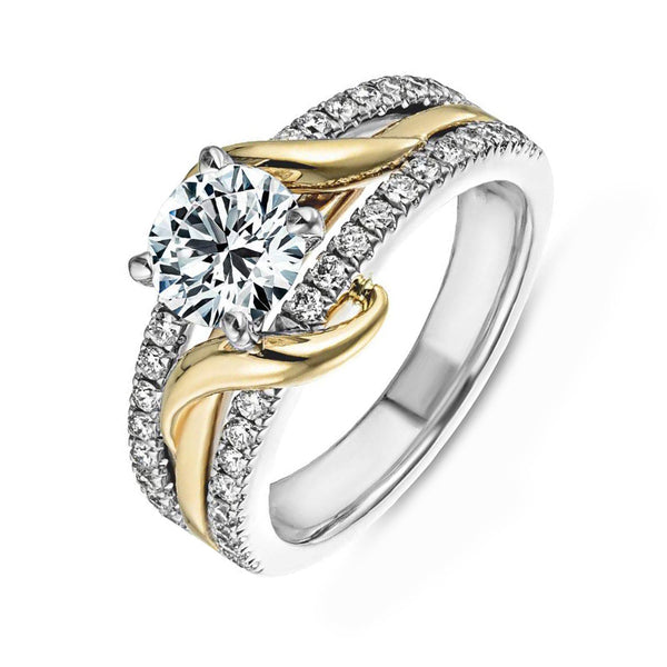 Round Moissanite Two Tone Vine Split Shank Pave Engagement Ring