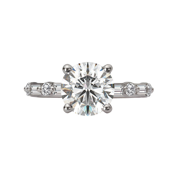 Round Moissanite With Alternating Baguette And Round Accents Engagement Ring