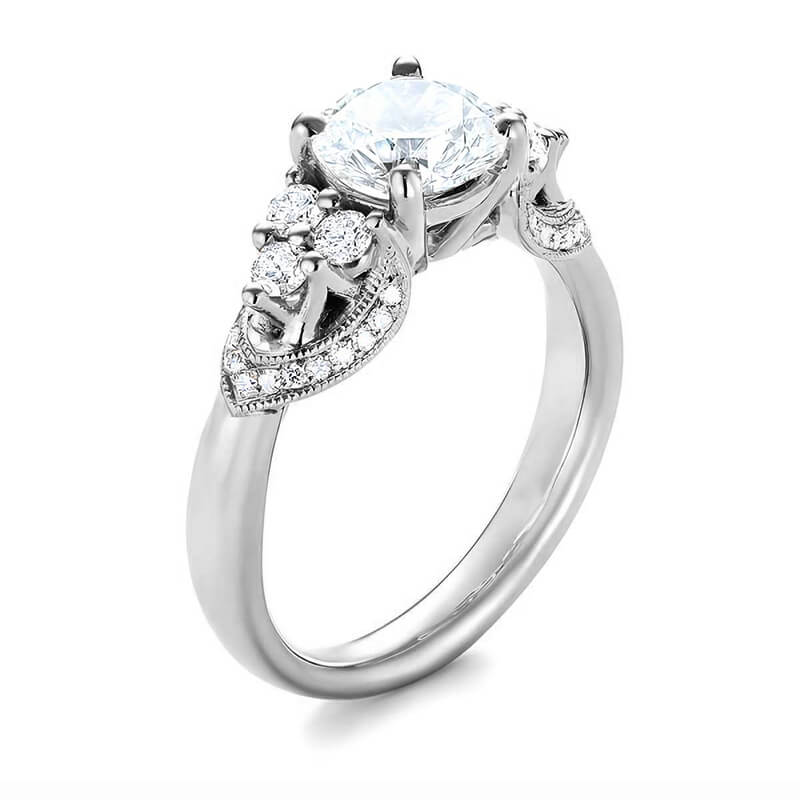 Round Moissanite With Cluster Side Stone Milgrain Engagement Ring,RRL-FA1C785-1,RRL-FA1C785-2,RRL-FA1C785-3