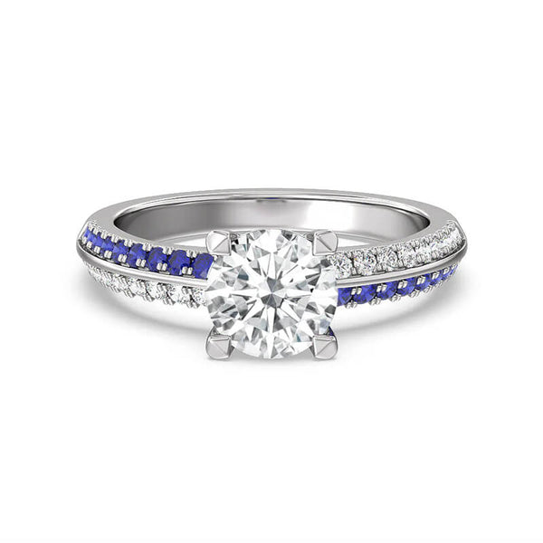 Round Moissanite With Two Row Bypass Sapphire Knife Edge Pave Engagement Ring