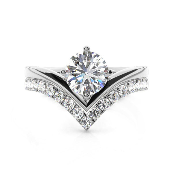 Solitaire Chevron Round Moissanite Bridal Set Engagement Ring