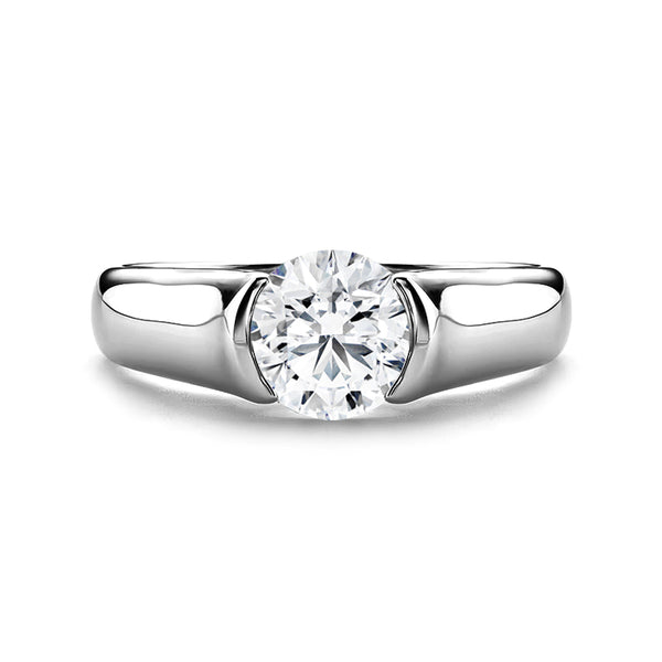 Solitaire Moissanite Half Bezel Set Sterling Silver Engagement Ring