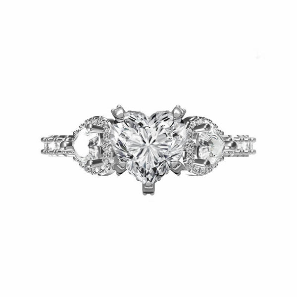 Three Stone Heart Cut Moissanite Pave Engagement Ring