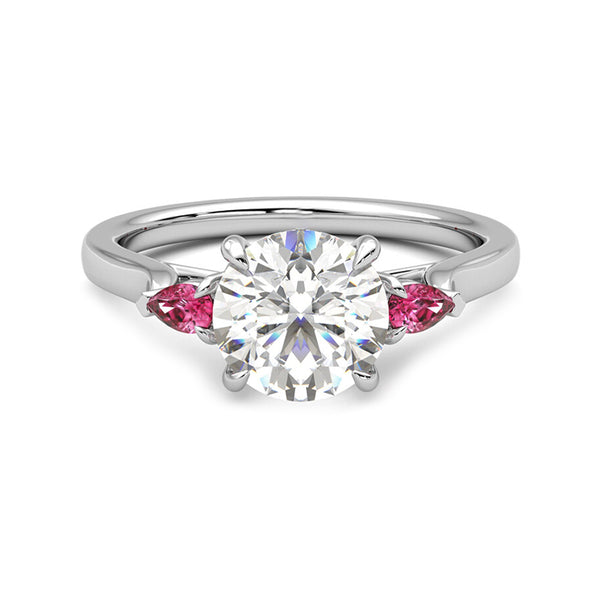 Three Stone Moissanite And Pear Ruby Engagement Ring