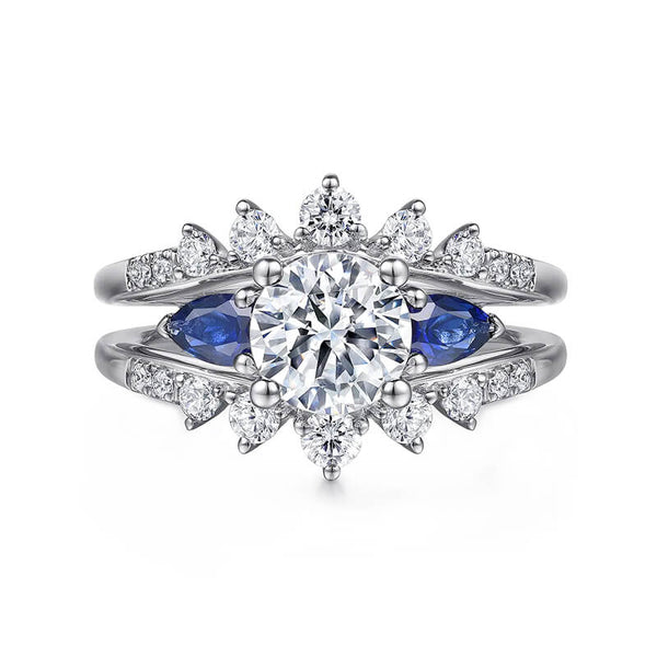 Three Stone Moissanite And Sapphire Enhanced Split Shank Engagement Ring