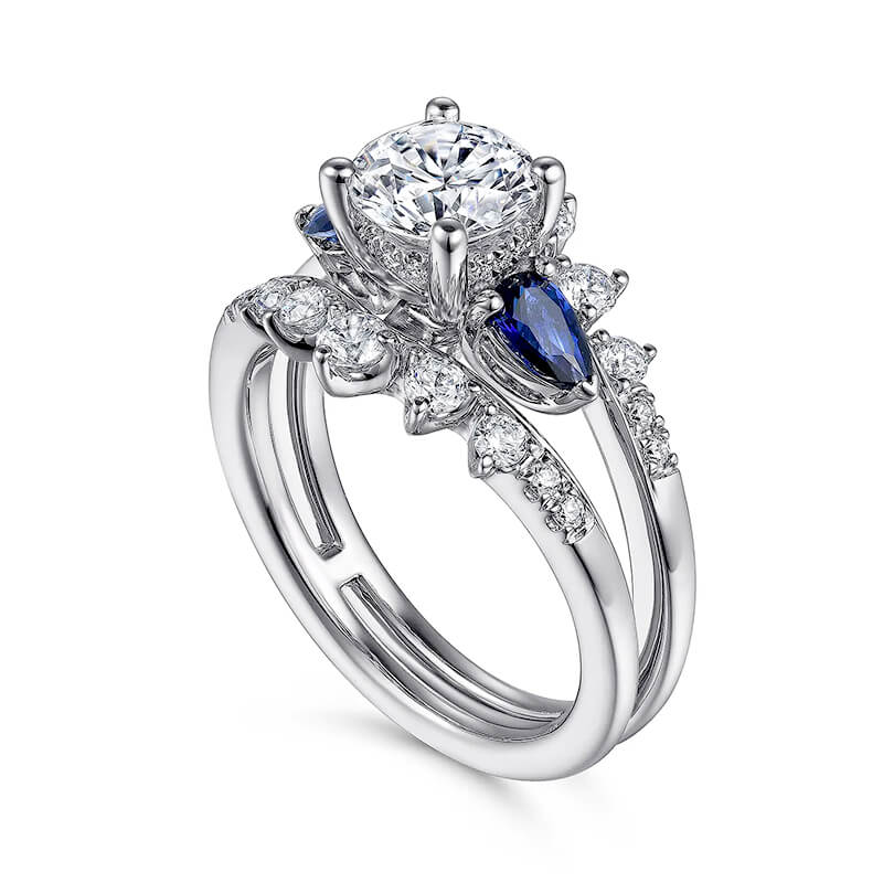 Three Stone Moissanite And Sapphire Enhanced Split Shank Engagement Ring,RRL-FA1C797-1,RRL-FA1C797-2,RRL-FA1C797-3