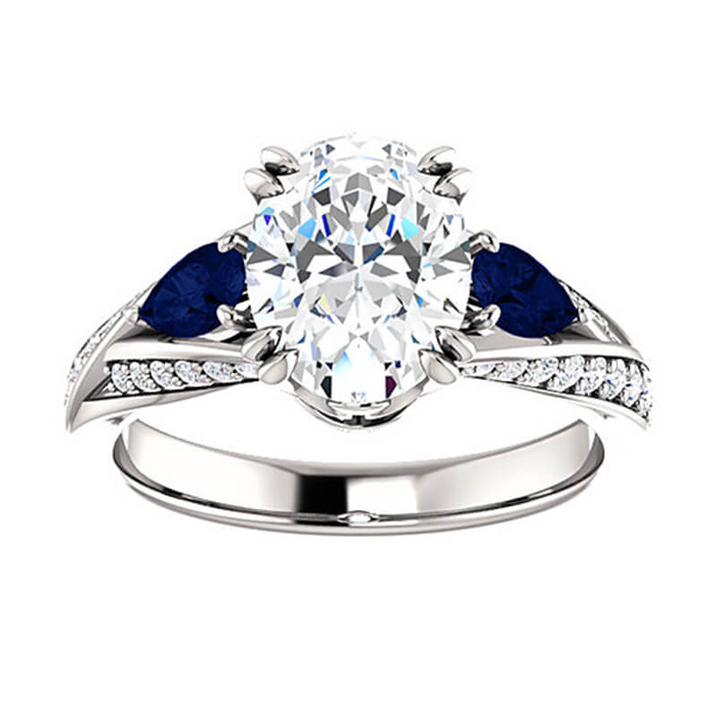 Three Stone Oval Moissanite With Pear Sapphire Split Pave Engagement Ring,RRL-FA1C770-1,RRL-FA1C770-2,RRL-FA1C770-3