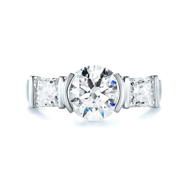 Three Stone Round Moissanite And Princess Sapphire Half Bezel Engagement Ring