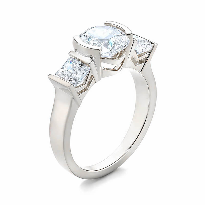 Three Stone Round Moissanite And Princess Sapphire Half Bezel Engagement Ring,RRL-FA1C787-1,RRL-FA1C787-2,RRL-FA1C787-3