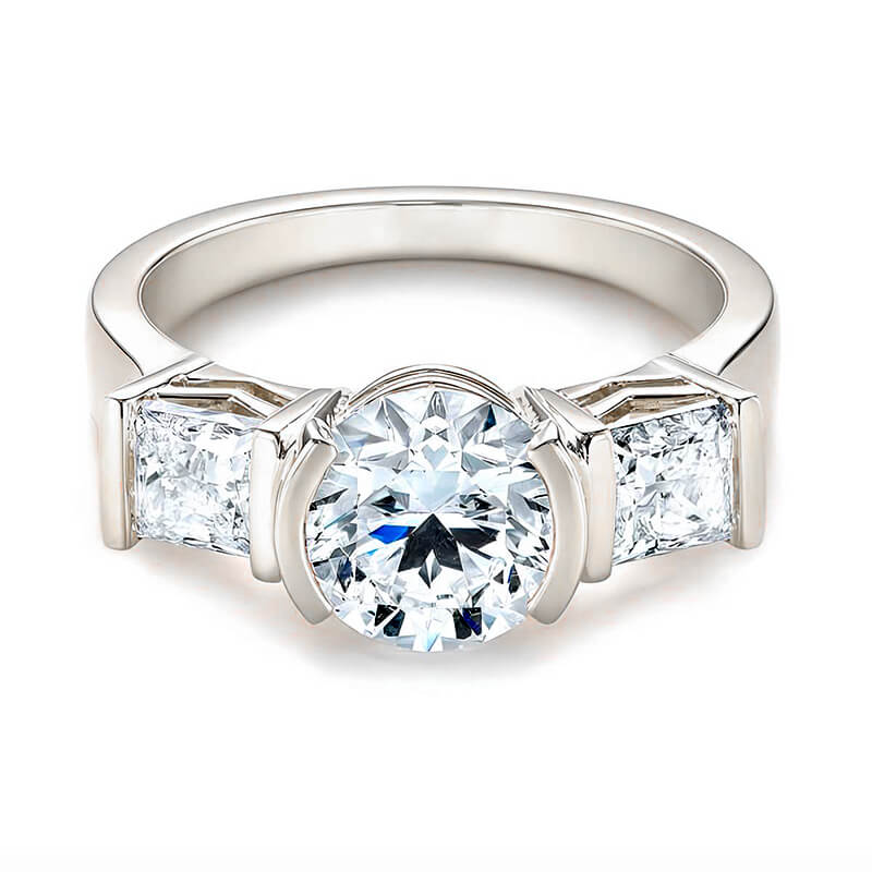 Three Stone Round Moissanite And Princess Sapphire Half Bezel Engagement Ring,RRL-FA1C787-1,RRL-FA1C787-2,RRL-FA1C787-3