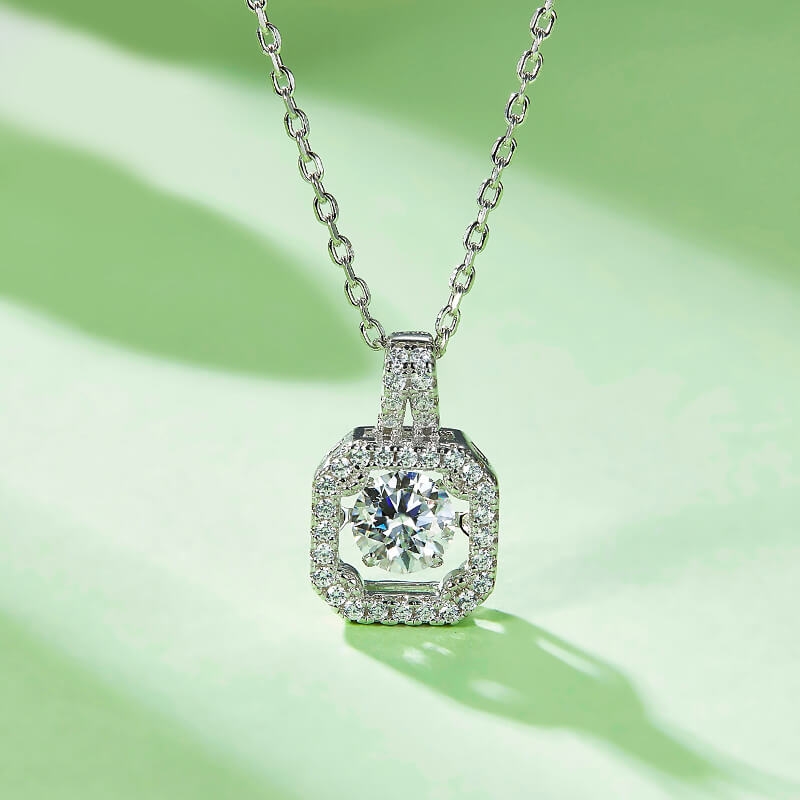 Dancing Moissanite Square-Shaped Halo Necklace in Sterling Silver - ReadYourHeart