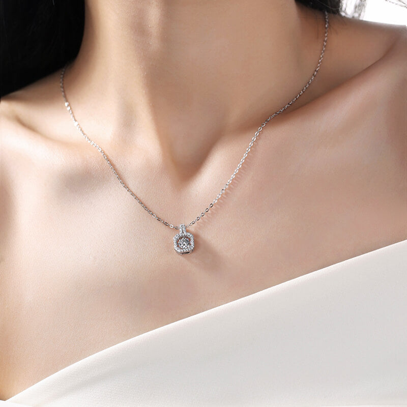 Dancing Moissanite Square-Shaped Halo Necklace in Sterling Silver - ReadYourHeart