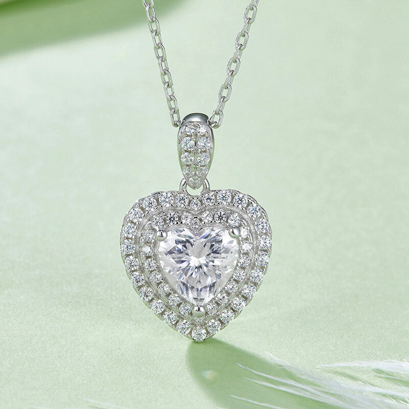 Double Halo Heart Cut Moissanite Pendant Necklace - ReadYourHeart