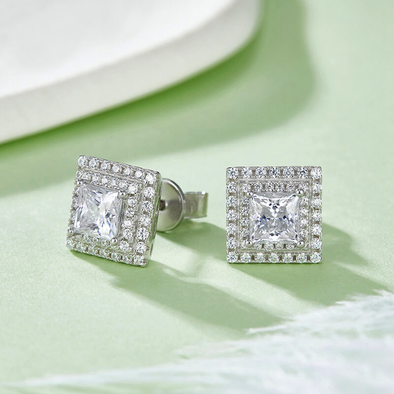 Double Halo Princess Cut Moissanite Stud Earrings In Sterling Silver - ReadYourHeart