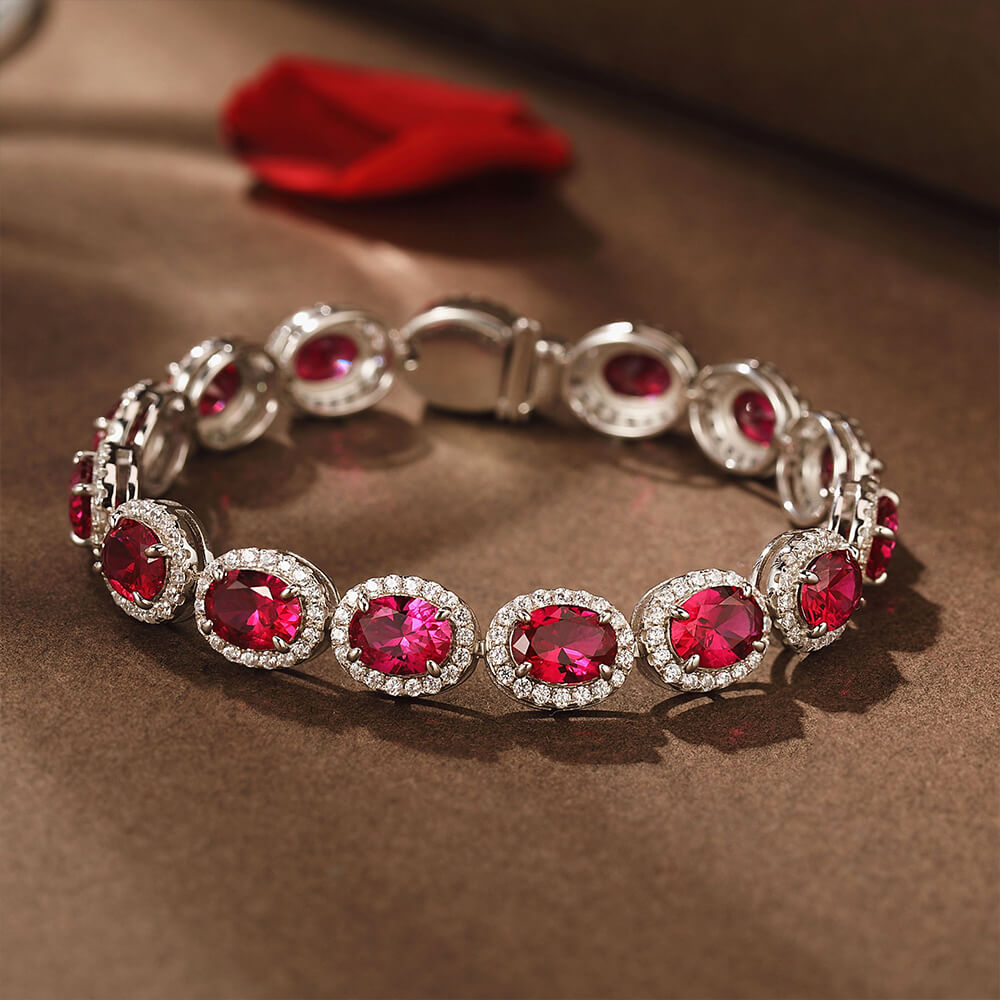 Eternity Halo Oval Ruby Sterling Silver Bracelet - ReadYourHeart