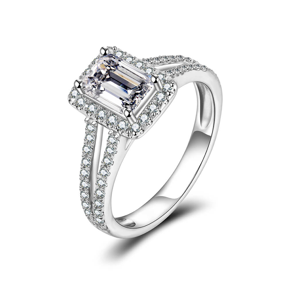 Halo Emerald Cut Moissanite Split Shank Pave Engagement Ring - Read ...